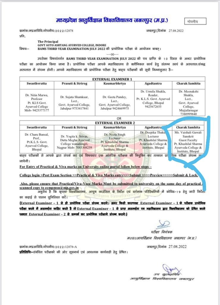 जबलपुर की अजब-गजब मप्र आयुर्विज्ञान यूनिवर्सिटी : एमए संस्कृत गेस्ट टीचर को भेजा डॉक्टरों की प्रेक्टिल परीक्षा लेने 2 12 2