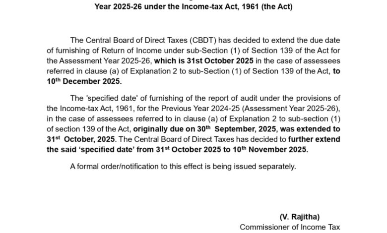 सीबीडीटी ने आयकर रिटर्न (ITR) और ऑडिट रिपोर्ट दाखिल करने की अंतिम तिथि बढ़ाई 1 IMG 20251029 WA0067