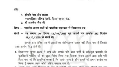 नगर पालिका अध्यक्ष नेहा अलकेश जैन BJP से 6 वर्ष के लिए निष्कासित : पार्टी प्रत्याशी का खुला विरोध करने का है आरोप 8 IMG 20251116 WA0618