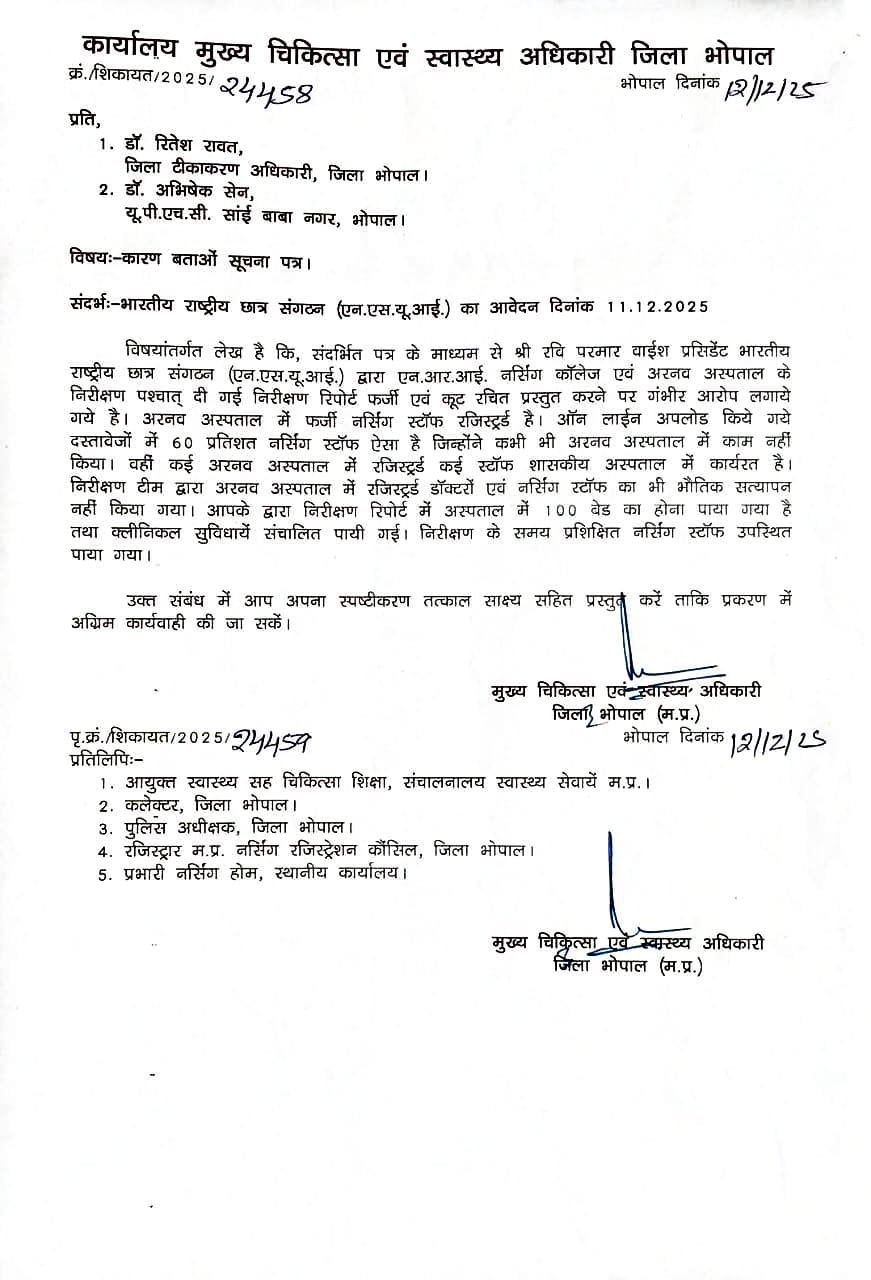 भोपाल: अरनव अस्पताल की फर्जी रिपोर्ट मामले में CMHO ने दो अधिकारियों को जारी किया नोटिस 2 WhatsApp Image 2025 12 15 at 15.47.53