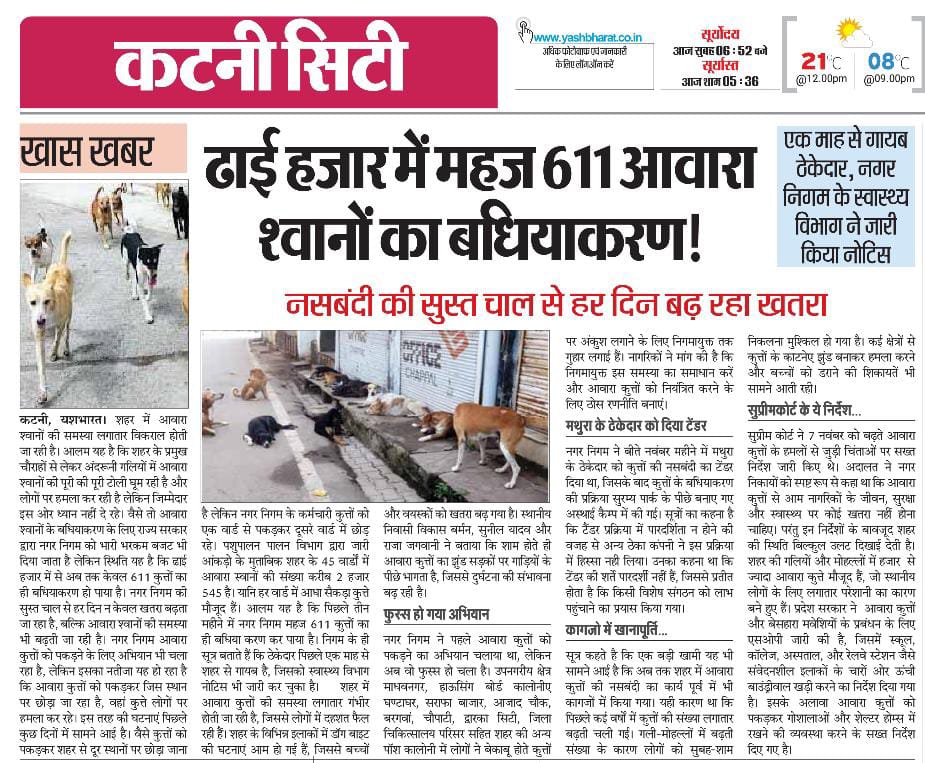 यशभारत खास : ढाई हजार में महज 611 आवारा श्वानों का बधियाकरण, एक माह से गायब ठेकेदार, नगर निगम के स्वास्थ्य विभाग ने जारी किया नोटिस नसबंदी की सुस्त चाल से हर दिन बढ़ रहा खतरा 2 IMG 20260124 WA0007
