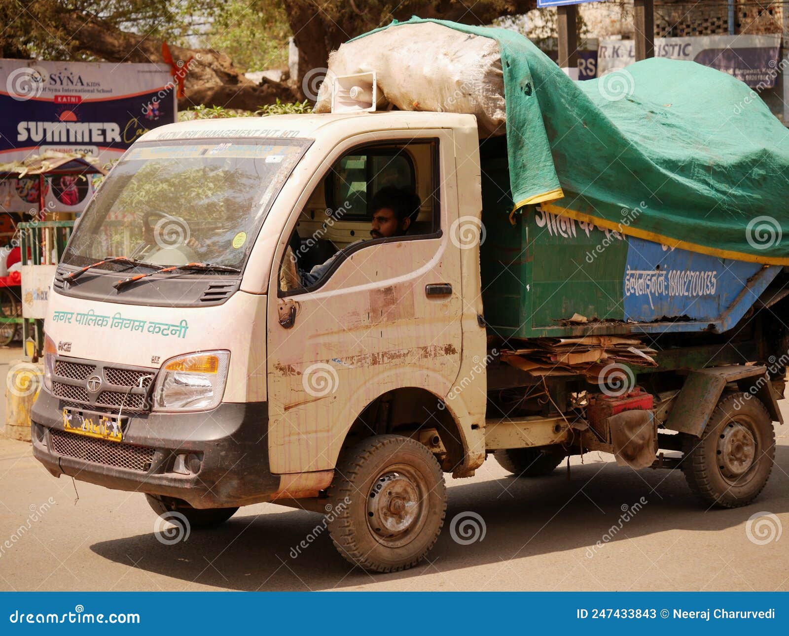 indian municipal corporation garbage collection vehicle standing road day time city katni madhya pradesh india march 247433843