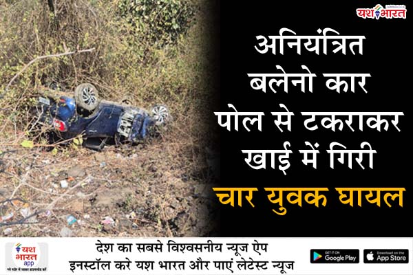 अनियंत्रित बलेनो कार पोल से टकराकर खाई में गिरी, चार युवक घायल 1 01 3