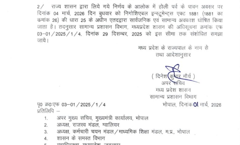 होलिका दहन और धुलेंडी पर संशोधित अवकाश आदेश जारी, 3 और 4 मार्च 2026 को सार्वजनिक एवं सामान्य अवकाश घोषित 1 IMG 20260301 WA0034