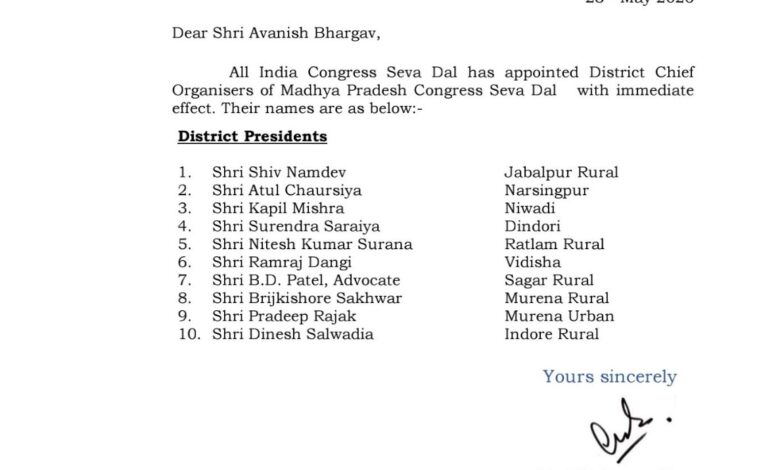 कांग्रेस सेवा दल में नई नियुक्तियां, 10 जिला मुख्य आयोजकों को जिम्मेदारी 1 IMG 20260523 WA0039