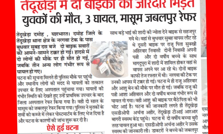 भीषण सड़क हादसा : दो बाइकों की जोरदार भिड़ंत, युवकों की मौत, 3 घायल, मासूम जबलपुर रेफर 1 InCollage 20260624 215355640